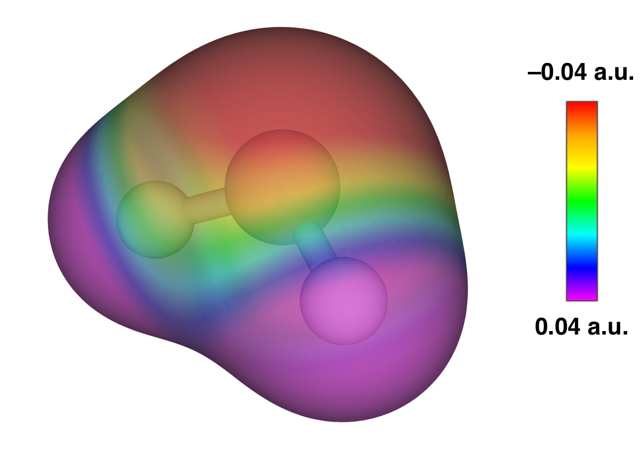 Molecular electrostatic potential of water plotted on a 0.02 a.u. isodensity surface.