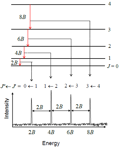 Rotational energy levels and line positions calculated in the rigid rotor approximation.